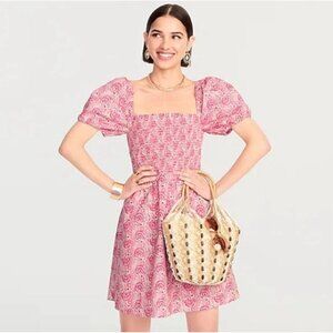 J Crew Womens Mini Dress Sz 3X Pink White Floral Puff Sleeve Smocked Coquette